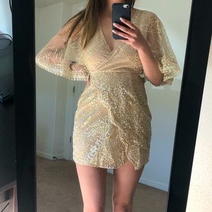 Sparkly gold formal body-con mini dress with butterfly sleeves